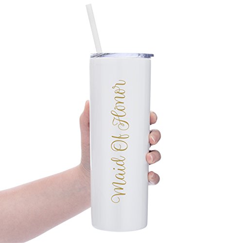 Maid Of Honor - 20 oz Stainless Steel Skinny Tumbler with Lid and Straw (White and Gold)