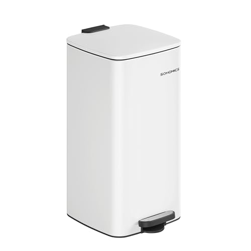 SONGMICS Mülleimer Küche, 30 Liter Abfalleimer, Tretmülleimer, Stahl, mit Inneneimer, Softclose, Offenhaltefunktion, wolkenweiß LTB593W02