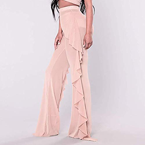 Tantisy ♣↭♣ Women's Plus Size High Waist Solid Skinny Long Pants Fashion Ruffled Layered Design Ladies Sexy Sheer Pants Beige - Thumbnail 4