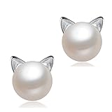 Wicary Cat Earrings Silver Handpicked Cultured Freshwater Pearl Earrings Cat Ear Stud Earrings