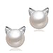 Wicary Cute Sweet Cat S925 Sterling Silver Pearl Earrings Ear Studs Gift for Women