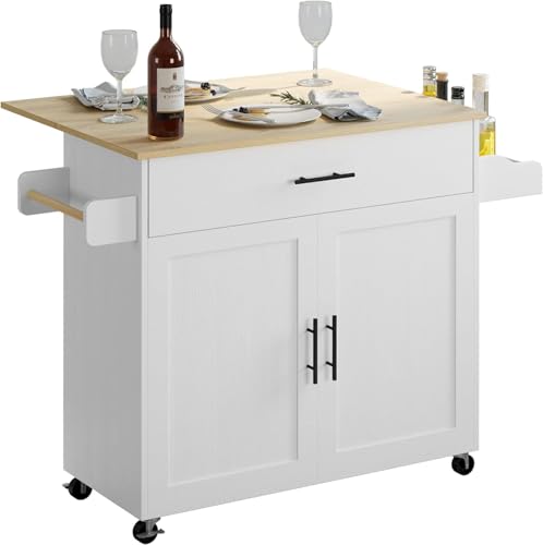 SIMPLE ESPACIO Isla de Cocina Móvil Multifuncional con Ruedas - Abatible,Organizador Integrado Gabinetes,Cajones,Especiero,Toallero Mesa Auxiliar,Almacenamiento Compacto Color de Relieve Blanco