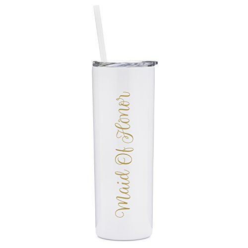 Maid Of Honor - 20 oz Stainless Steel Skinny Tumbler with Lid and Straw (White and Gold) - Thumbnail 3
