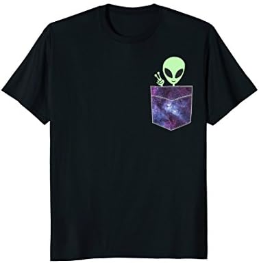 Mens Alien Pocket T Shirt | UFO from Cosmic Space Peace sign Tee Large Black