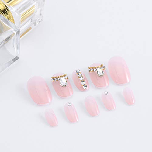 Yalice 24Pcs Pink Glossy False Nails Crystal Full Cover Medium Oval Fake Nails Nude Wedding Party Nail for Women and Girls