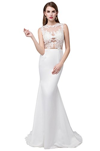 SeasonMall Women's Prom Dresses Scoop Slim Mermaid Elastic Satin Court Traines Size 10 US Ivory