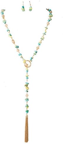 Teal Sea Foam Green &amp; White Faux-Stone Gold-Tone Tassel Lariat Necklace 28” Long w/ Dangle Drop Earrings
