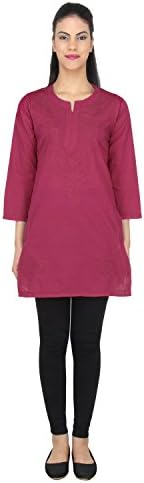 Indian Ethnic Kurta Kurti Chikan Embroidery Tunic Cotton Blouse (Pink) (40)