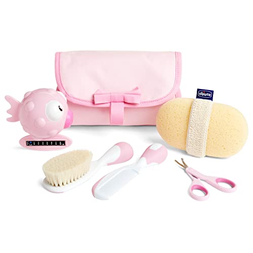 Chicco My First Beauty Set 5in1, Set Chicco Igiene Neonato, Prodotti Bagnetto Neonato, con Pettine, Spazzola, Frobicine per Unghie, Termometro da Bagno e Spugna, Accessori Neonato 0 Mesi, Rosa