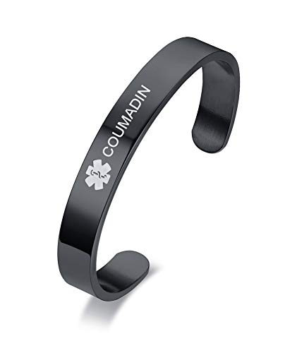 VNOX Personalized Medical Bracelet Medical Condition Alert ID Stainless Steel Cuff Bangle,Black/Silver/Gold Plated
