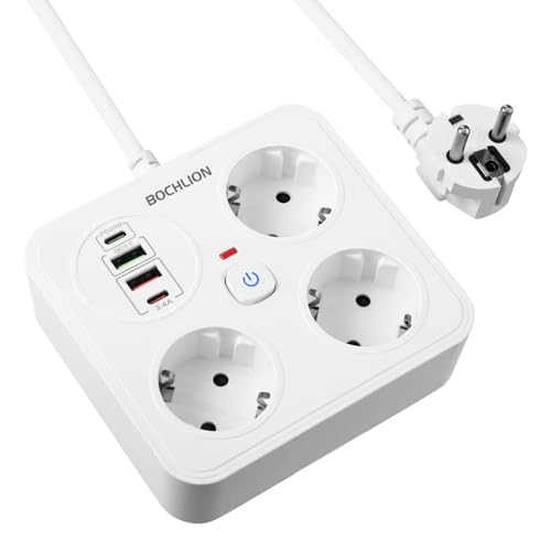 Regletas Enchufes con USB, 3 Toma de Corriente y 4 USB Puertos (PD 20W & QC 3.0), Enchufe Multiple Proteccion Sobretension con Interruptor, Regleta Pared y Cable 1.8 m, Blanco