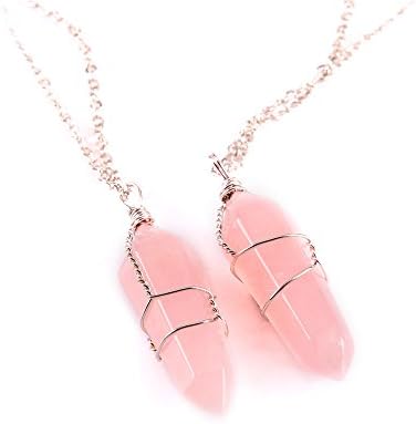 VIKI98 Wire Wrap Rose Quartz Necklace Nature Chakra Rose Quartz Crystal Hexagonal Point Necklace Reiki Healing Stone Pendant Necklace with Stainless Steel Chain