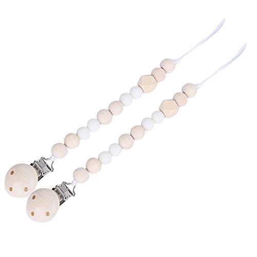 Migavan Baby Pacifier Clip Baby Feeding Nipple Pacifier Clips Holder with Wooden Teething Beads Strap Chains Toys for Baby Boy Girl Toddlers White 2pcs