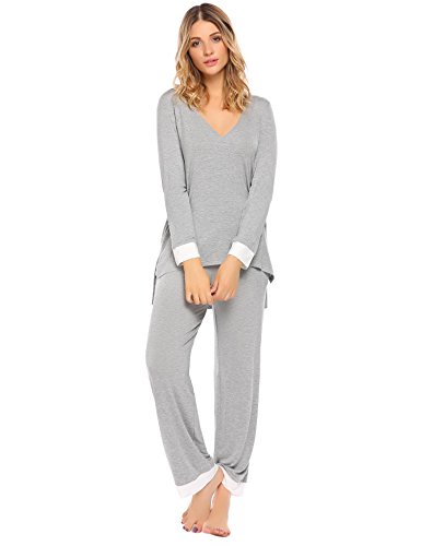 Ekouaer Women's Cotton Pajama Set Sleepwear Night Shirt with PJ Pants,Grey,Small