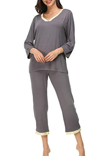 Invug Women 3/4 Long Sleeve Shirt Pants Set Sleepwear V Neck Long Pajamas Loungewear Grey XL