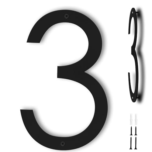 Powerful House Numbers 12 Inch, Large Black Door Number 3 for Outside, Modern Floating House Signs for Street Address, Weatherproof & Rustproof, 3D Metal Plaque (Number 3)