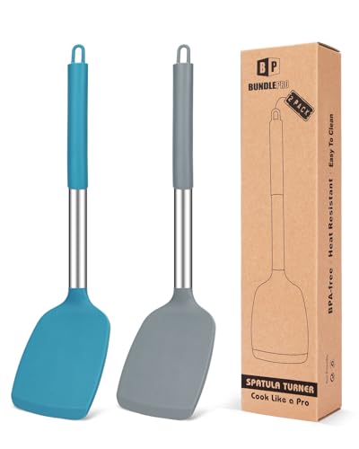 Pack of 2 Silicone Spatula, Non Stick Solid Kitchen Turner, High Heat Resistant BPA Free Cookware for Fish, Eggs,Meat,Pancakes (Gray-Blue)