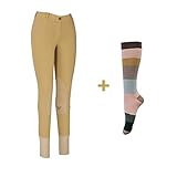 TuffRider Women Starter Lowrise Pull On Breeches Free Assorted Striped Socks | Knee Patch | Horse Riding Pants | Equestrian Apparel