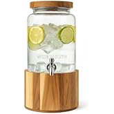 1 Gallon Glass Water & Lemonade Dispenser with Wooden Lid & Stand – Mason Jar Beverage Dispenser with Stainless Steel Spigot, Measurement Marks – Drink Server for Parties, Events, Home Use