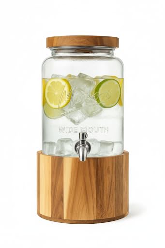 Photo 1 of 1-Gallon Glass Water & Lemonade Dispenser with Wooden Lid & Stand – Mason Jar Beverage Dispenser with Stainless Steel Spigot, Measurement Marks – Drink Server for Parties, Events, Home Use