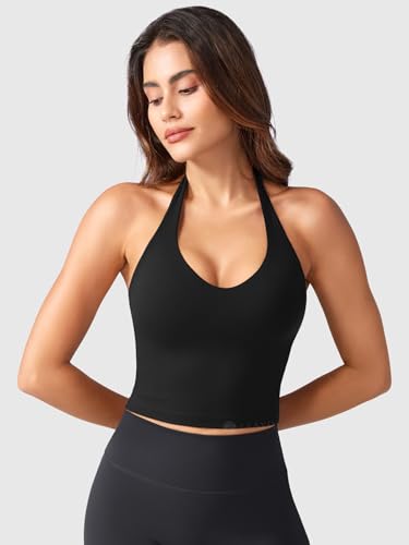 ZAAYO Halter Neckline Tank Top Women's Deep V Padded Crop Top Women's Sports Tops Summer Basic Sexy Sleeveless Summer Tops