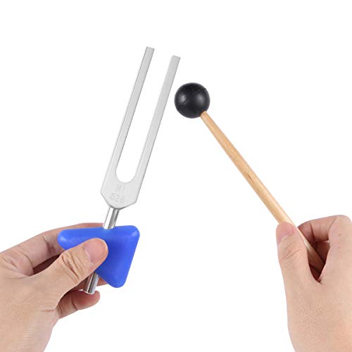 Tuning Forks Set 5 Pcs - 528 Hz Crystal Tuning Fork with Blue Triangular Silica Gel, Reflex Silicone Hammer Striker, Micro-Fiber Cleaning Cloth, Drawstring Pouch, 528 MI for DNA Repair Healing