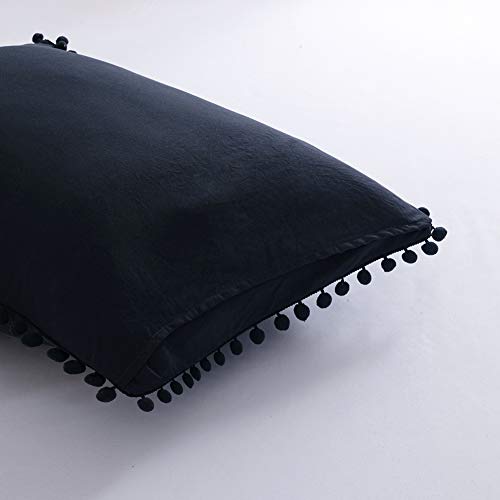 MoonxHome Pom Pom Fringe Pillowcases, Double Brushed Microfiber Pillow sham Pillow Cover Set King Size Navy