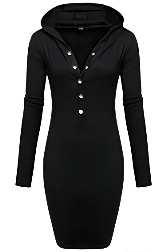 FINEJO Womens Long Sleeve Henley Neck Basic Hoodie Dress With Buttons