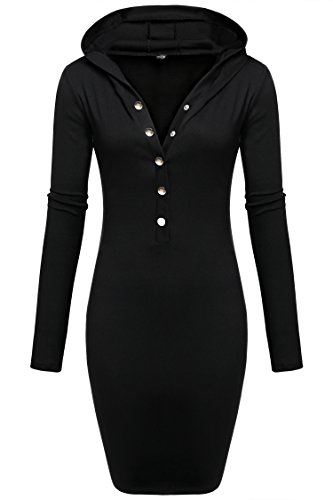 ACEVOG Women's Casual Sweatershirt Long Sleeve Henley Neck Hoodie Dress,Black,X-Large