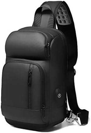 Mens Shoulder Bag,Small Black Sling Messenger Bags,with USB Port Cross Body Bag,Water Repellent Hiking Biking Chest Daypacks