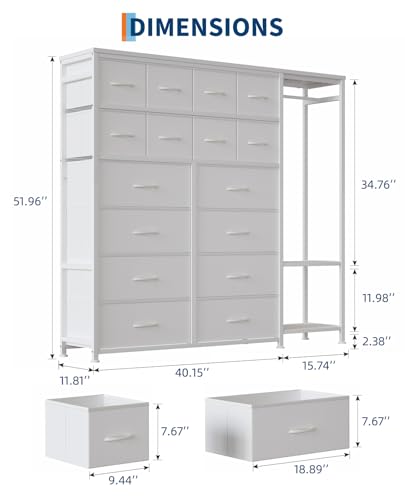 Garvee 16-Drawer Tall Dresser with Clothes Rack - Fabric Storage Chest for Bedroom, Closet Organizer with 2 Shelves & Adjustable Dividers | Vertical Space-Saving Design, White