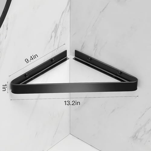 34 CM Wall Mounted Shower Shelves, 2 Tier Bathroom Caddies, Tempered Glass Floating Shelf, Black Bathroom Wall Organizer, Self-Adhesive Shower Shelf Corner