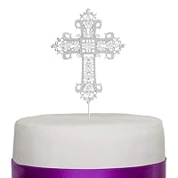 Ella Celebration Cross Cake Topper, First Communion, Religious Baptism, Christening, Child Dedication Keepsake Decoration (Silver)