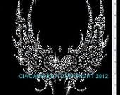 Large Angel Wing with Heart Rhinestone Iron on Hotfix Transfer - 9" By 10"