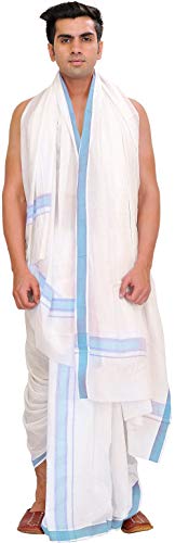 Exotic India White Dhoti and Angavastram Set with Woven Border - Color Air Blue - Thumbnail 3