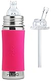 Pura Kiki Stainless Steel 11 Ounce Toddler Sippy Bottle with Pink Silicone Plus 1 Extra Silicone Straw