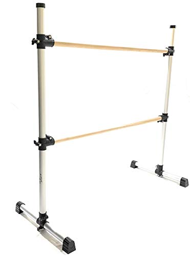 Traditional Wood Double Ballet Barre Stretch Dance Bar 4 FT - Lightweight, Portable, Adjustable with Travel Bag and 10 Loop Stretch Strap Bundle - by Superb