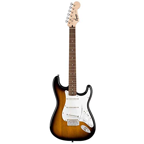 Paquete para principiantes Squier by Fender Stratocaster, diapasón de laurel, Sunburst marrón, con funda, amplificador, correa, cable, púas y Fender Play