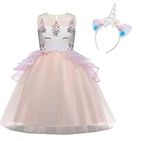 Kids Girls Flower Unicorn Costume Pageant Cosplay Princess Party Birthday Halloween Dress Up Dress with Headband (Color1, 2-3 Years)