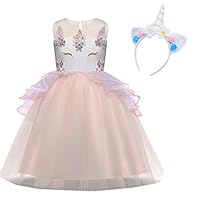 Kids Girls Flower Unicorn Costume Pageant Cosplay Princess Party Birthday Halloween Dress Up Dress with Headband (Color1, 2-3 Years)