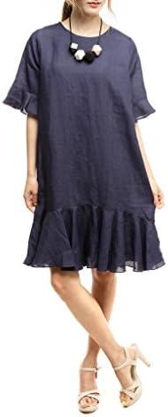 Kate Lux Loose Fit Linen Dress With Trendy Frilled Sleeves And Bell Hem (Deep Blue)