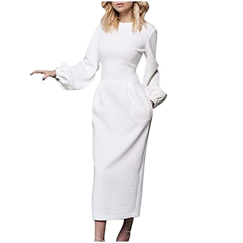 Womens Crew Neck Midi Dress Long Puff Bell Lantern Sleeve Elastic Waist  Sexy Solid Bodycon Dresses White in Kenya | Whizz