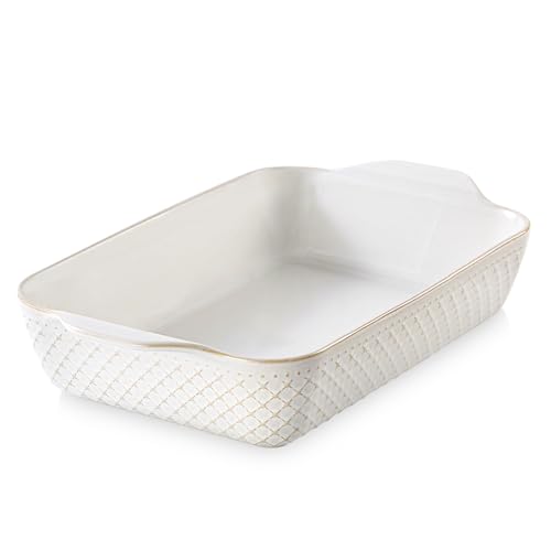 DOWAN 9x13 Deep Lasagna Baking Dish, Ceramic Casserole Dish for Oven, 4 Quarts Embossed Baking Pan with Handles, Oven Safe Bakeware for Roasting, Desserts, Durable & Giftable, Arctic White