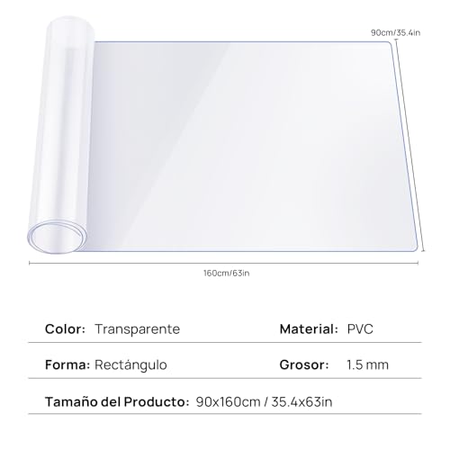JoalGfda 1.5mm Mantel Individual de PVC Transparente, Resistente al Agua y al Aceite, Ideal para Mesas de Comedor, Mesas de Café, Escritorios y Tocadores (90x160cm)