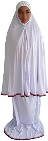 Women's Elegant 2 Piece Long Prayer Dress with Lace and Two Tone Piping (White)
