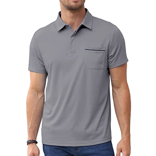 LEXIART MENS ATHLETIC GOLF POLO SHIRTS – SHORT SLEEVE WORKOUT POLOS QUICK DRY T-SHIRT GREY