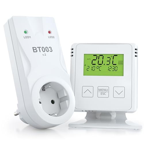 ELEKTROBOCK BT733 Funk-Raumthermostat mit Zwischensteckdose - 35 m Reichweite - Für elektrische Heizung und Infrarotheizung - Wochenprogramme - Frostschutz, Weiß