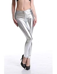 Leggings de piel sintética de talle alto, metálicos, aspecto mojado, elásticos, líquidos, brillantes, sexy, pantalones