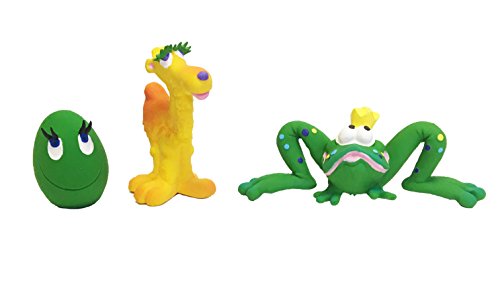 Set of 3 small dog toys (Egg, Camel, Frog Prince) for small and tiny dogs. 100% natural rubber (latex). Lead-free & chemical-free. Complies to same safety standards as children’s toys. Soft & squeaky.