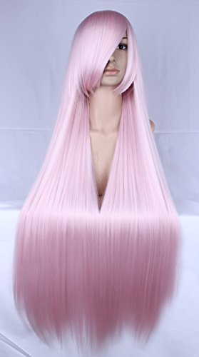 Simpleyourstyle Women Anime Cosplay Wigs 100cm 39.4inch Long Straight Synthetic Full Rose Network Lace Wigs for Women Black Brown Purple Pink Blue Red White Green Blonde Wigs U Pick (Light Pink)